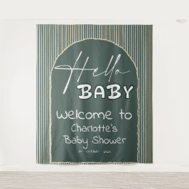 Hello Baby Dark Green Stripes Baby Shower Backdrop タペストリー