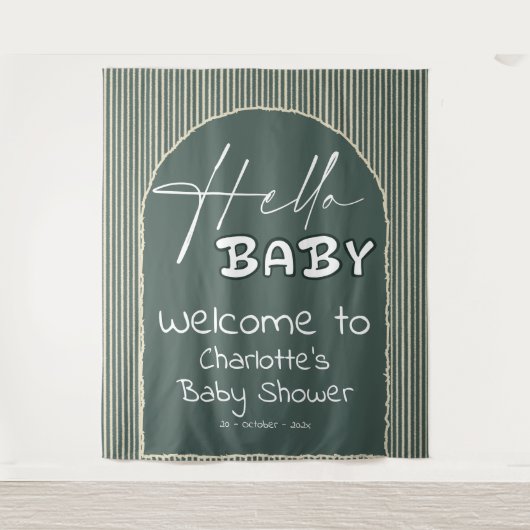 Hello Baby Dark Green Stripes Baby Shower Backdrop タペストリー (正面)