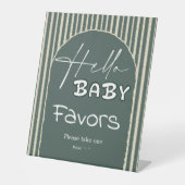 Hello Baby Dark Green Stripes Baby Shower Favors 台座サイン (正面)