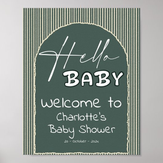 Hello Baby Dark Green Stripes Baby Shower Welcome ポスター (正面)
