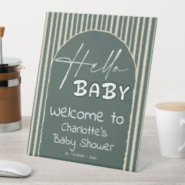 Hello Baby Dark Green Stripes Baby Shower Welcome 台座サイン