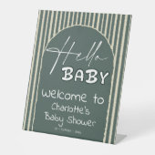 Hello Baby Dark Green Stripes Baby Shower Welcome 台座サイン (正面)