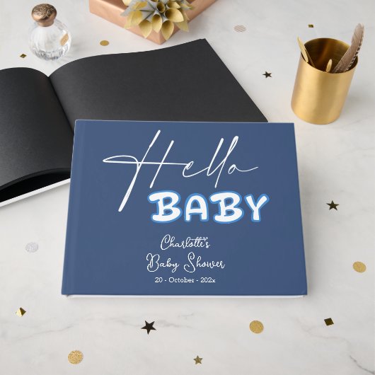 Hello Baby Elegant Dark Blue Baby Shower ゲストブック (正面見開き)
