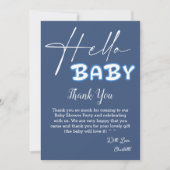 Hello Baby Elegant Dark Blue Baby Shower サンキューカード (正面)