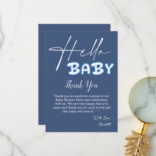 Hello Baby Elegant Dark Blue Baby Shower サンキューカード (正面/裏面インサイチュ)