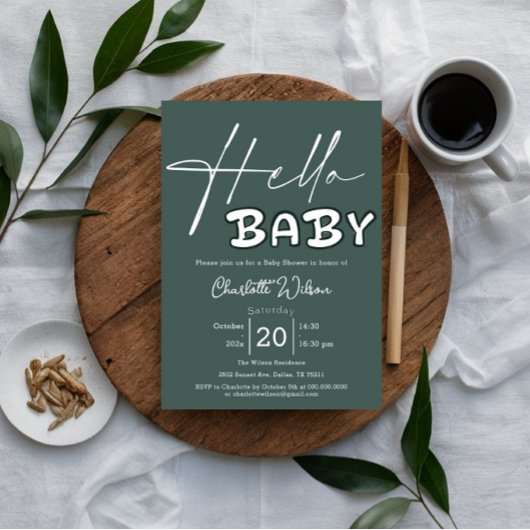 Hello Baby Elegant Dark Green Baby Shower 招待状