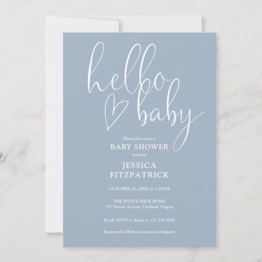 Hello Baby Elegant Script Dusty Blue Baby Shower 招待状 (正面)