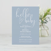 Hello Baby Elegant Script Dusty Blue Baby Shower 招待状 (スタンド正面)