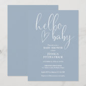 Hello Baby Elegant Script Dusty Blue Baby Shower 招待状 (正面/裏面)