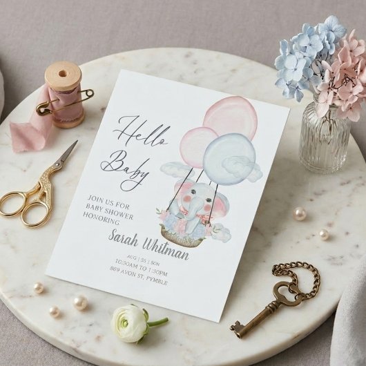 "Hello Baby" Elephant Hot Air Balloon Baby Shower  台座サイン