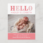 Hello Baby Girl Photo Birth Announcementはがき 案内ポストカード (正面)