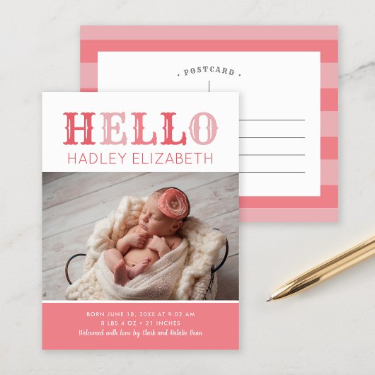 Hello Baby Girl Photo Birth Announcementはがき 案内ポストカード