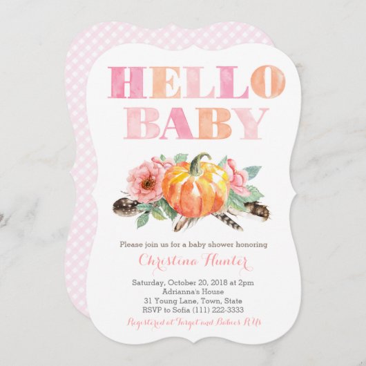 HELLO BABY Girl Shower Cards Pumpkinsバラ 招待状 (正面/裏面)