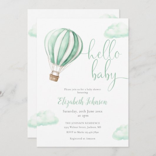 Hello Baby Hot Air Balloon Neutral Baby Shower 招待状 (正面/裏面)