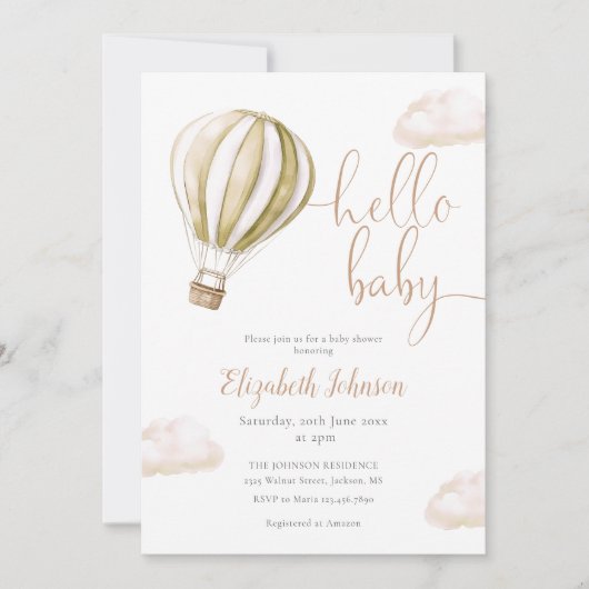 Hello Baby Hot Air Balloon Neutral Baby Shower 招待状 (正面)