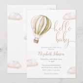 Hello Baby Hot Air Balloon Neutral Baby Shower 招待状 (正面/裏面)