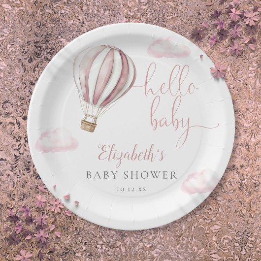 Hello Baby Pink Hot Air Balloon Baby Shower ペーパープレート