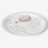 Hello Baby Pink Hot Air Balloon Baby Shower ペーパープレート (アングル)