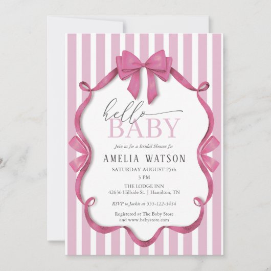 Hello Baby Pink Striped Bow Baby Shower 招待状 (正面)