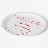 Hello Baby Red Heart Minimal Baby Shower ペーパープレート (アングル)