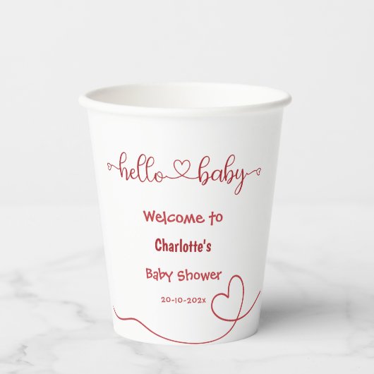 Hello Baby Red Heart Minimal Baby Shower 紙コップ (正面)