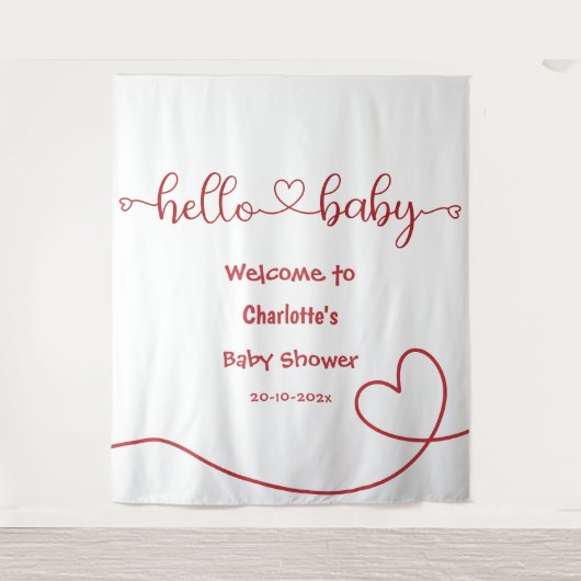 Hello Baby Red Heart Minimal Baby Shower Backdrop タペストリー (正面)