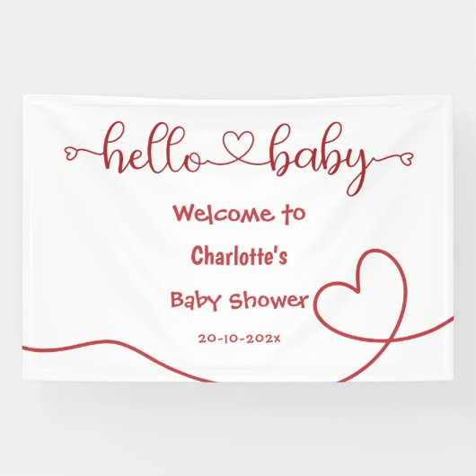 Hello Baby Red Heart Minimal Baby Shower Banner 横断幕 (横)