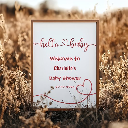 Hello Baby Red Heart Minimal Baby Shower Welcome ポスター