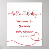 Hello Baby Red Heart Minimal Baby Shower Welcome ポスター (正面)