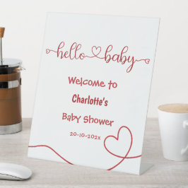 Hello Baby Red Heart Minimal Baby Shower Welcome 台座サイン