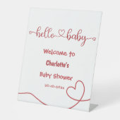Hello Baby Red Heart Minimal Baby Shower Welcome 台座サイン (正面)