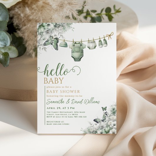 Hello Baby Sage Green Botanical Baby Shower 招待状