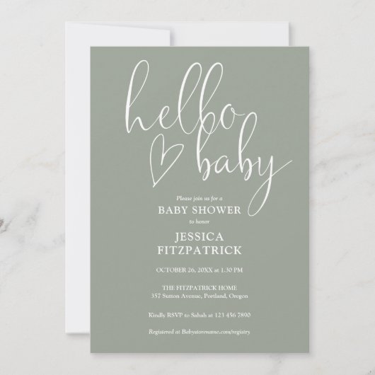 Hello Baby Sage Green Gender Neutral Baby Shower 招待状 (正面)
