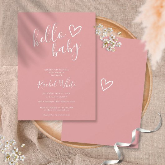 Hello Baby Shower ダスティーローズピンク 女の赤ちゃん 招待状