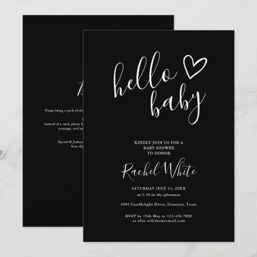 Hello Baby Shower All In One Black And White 招待状 (正面/裏面)