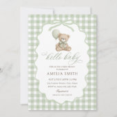 Hello Baby Teddy Bear Baby Shower Green 招待状 (正面)