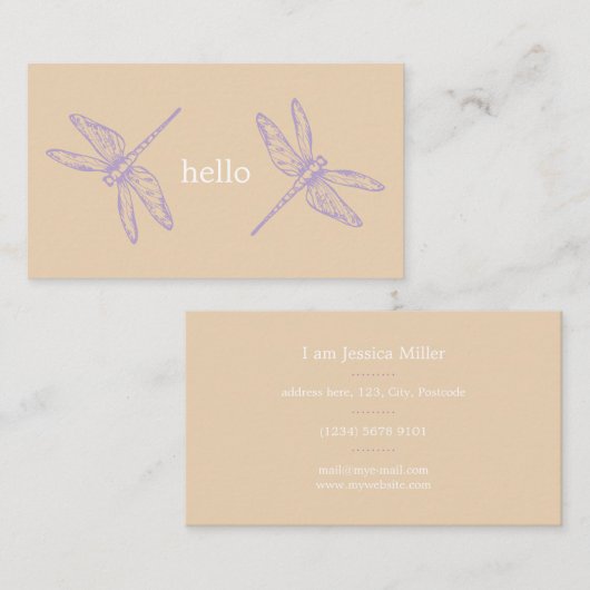 Hello beige rustic dragonflies insect illustration 名刺 (正面/裏面)