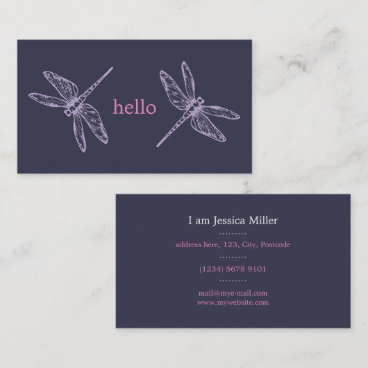 Hello blue purple dragonflies insects illustration 名刺 (正面/裏面)