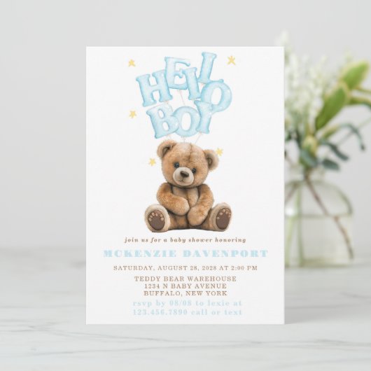 Hello Boy Balloon Teddy Bear Boy Baby Shower 招待状 (スタンド正面)