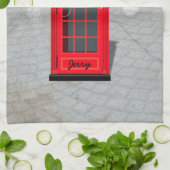 Hello, Calories! Red London Phone Booth with name キッチンタオル (折り畳み)
