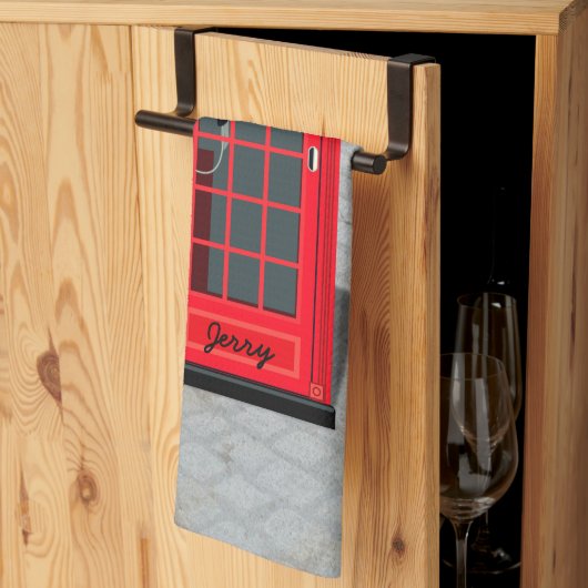 Hello, Calories! Red London Phone Booth with name キッチンタオル (三つ折り)