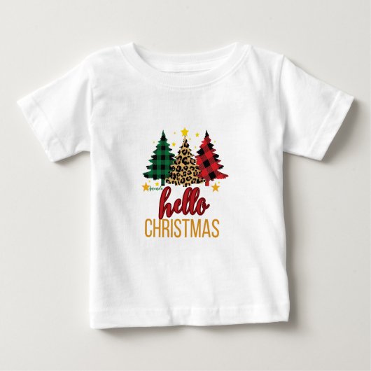 Hello Christmas Plaid Leopard Trees オリジナルネーム ベビーTシャツ (正面)