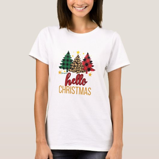 Hello Christmas Plaid Leopard Trees Custom Name  Tシャツ (正面)