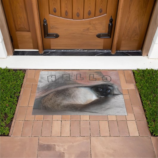 HELLO CUTE WELCOMING PEEK-A-Booブルーアイドシャム ドアマット (室外)
