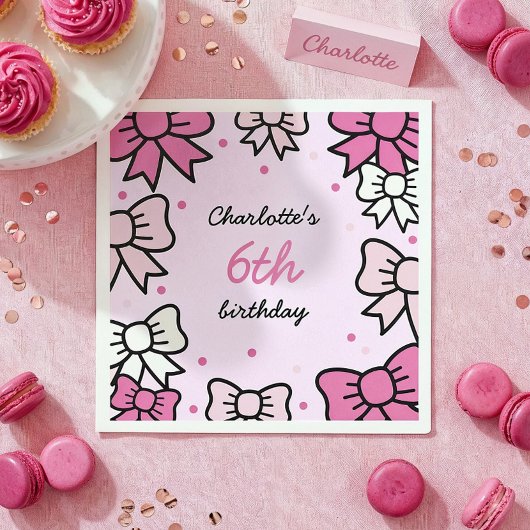 Hello Cutie Cartoon Pink Bow Birthday Party スタンダードカクテルナプキン
