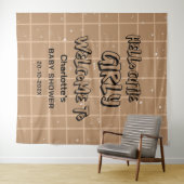 Hello Cutie Girly Cute Brown Gingham Baby Backdrop タペストリー (インサイチュ(横))