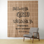 Hello Cutie Girly Cute Brown Gingham Baby Backdrop タペストリー (インサイチュ)