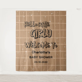 Hello Cutie Girly Cute Brown Gingham Baby Backdrop タペストリー