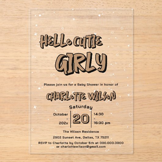 Hello Cutie Girly Cute Brown Gingham Baby Shower アクリル招待状 (正面)