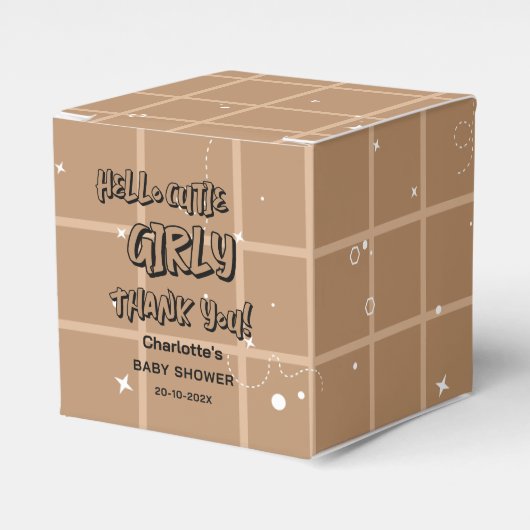 Hello Cutie Girly Cute Brown Gingham Baby Shower フェイバーボックス (正面サイド)